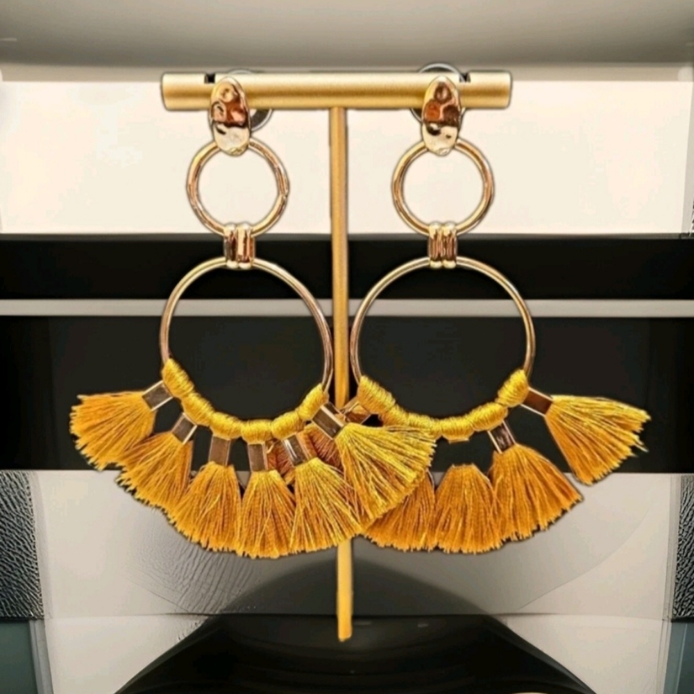 NWT Cha Cha Exxagerated Marigold Silk Tassel Gold Drop Earrings
